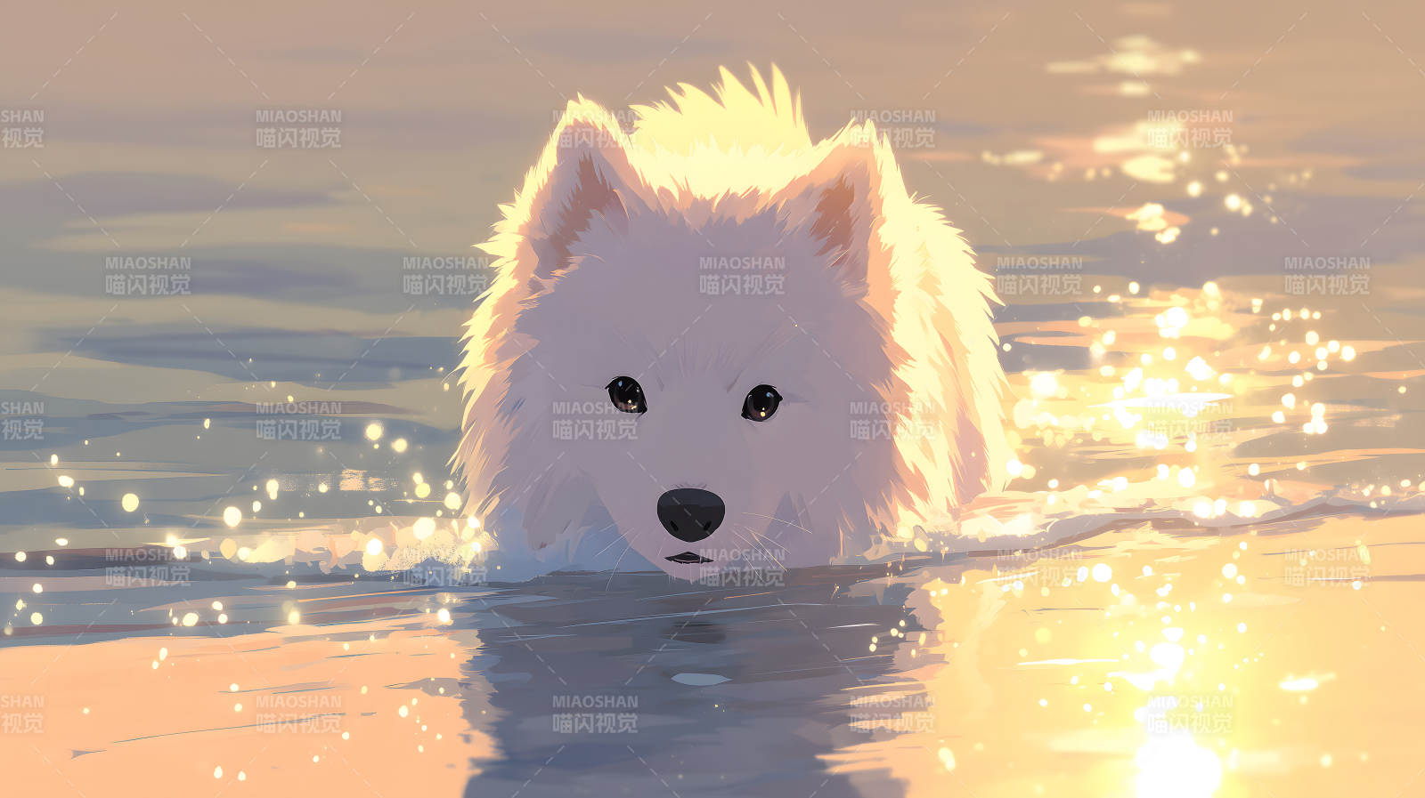 可爱的白色狗狗在水中嬉戏阳光洒在水面上-图片