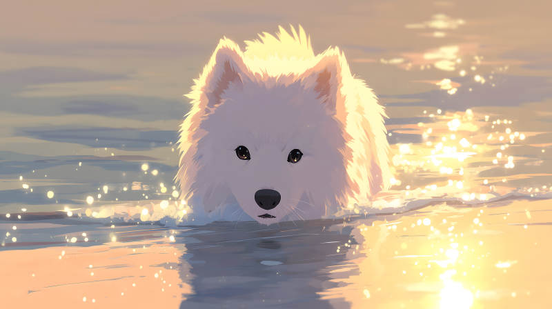 可愛的白色狗狗在水中嬉戲陽光灑在水面上-圖片