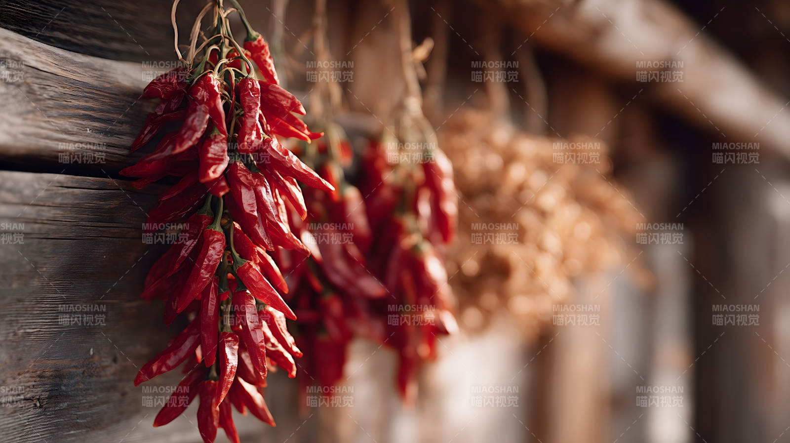 红辣椒挂在木头上阳光照耀着-图片