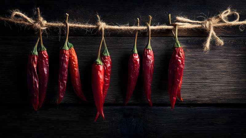 紅辣椒晾曬木板背景-圖片