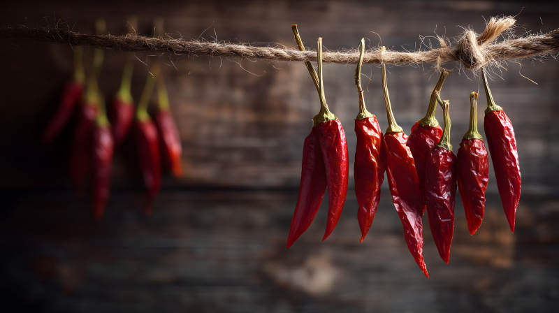 紅辣椒晾曬木質背景-圖片