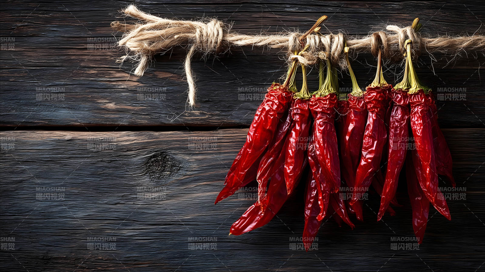 紅辣椒掛著木板背景-圖片