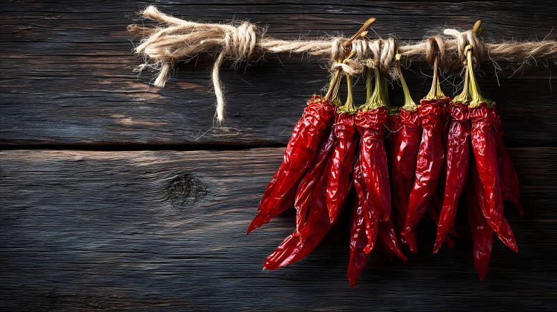 紅辣椒掛著木板背景-圖片