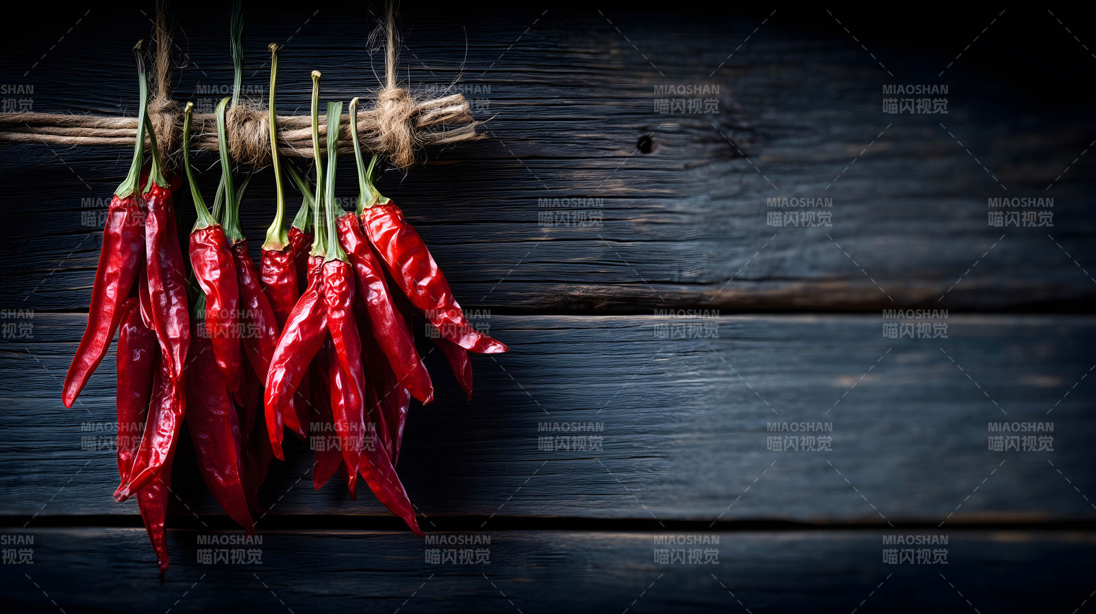 红辣椒串挂在木板上色彩鲜艳-图片