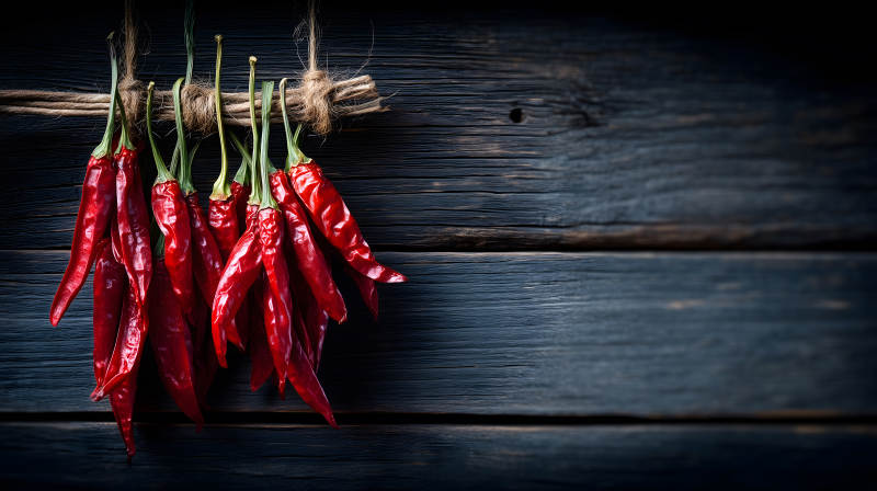 紅辣椒串掛在木板上色彩鮮艷-圖片