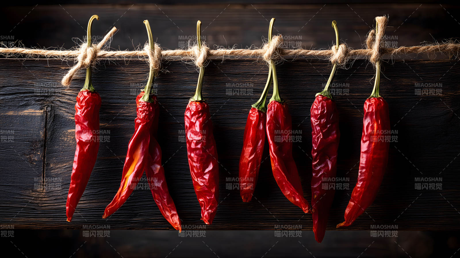 红辣椒悬挂在木板上-图片