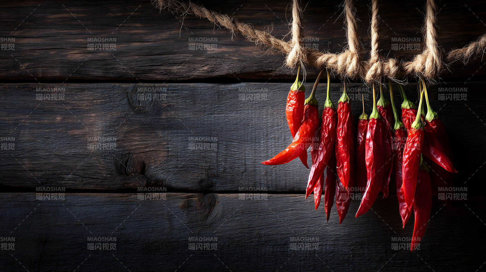 辣椒串悬挂在木板上-图片