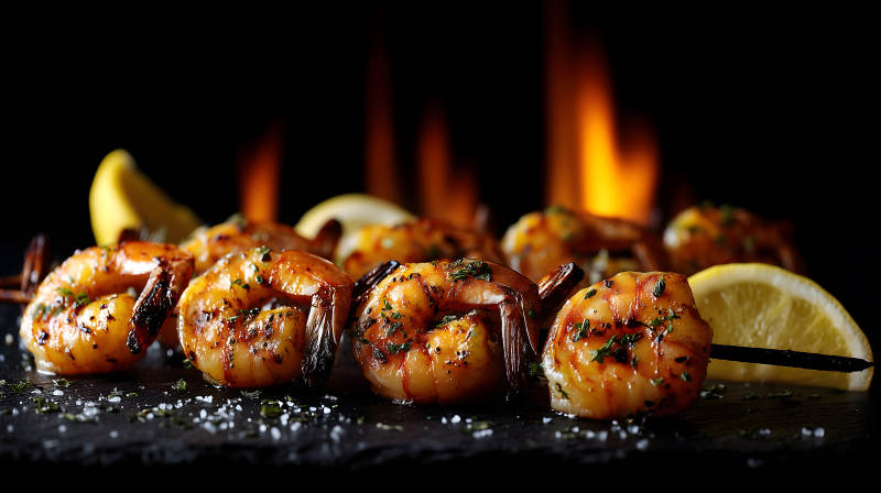 烤虾串配柠檬特写美食摄影-图片