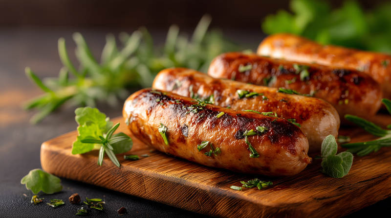 烤腸配香草木板上擺放-圖片