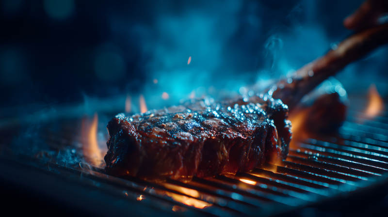 烤架上的牛排冒著熱氣-圖片
