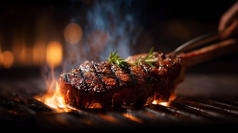 烤制牛排火焰四溢香味撲鼻-圖片