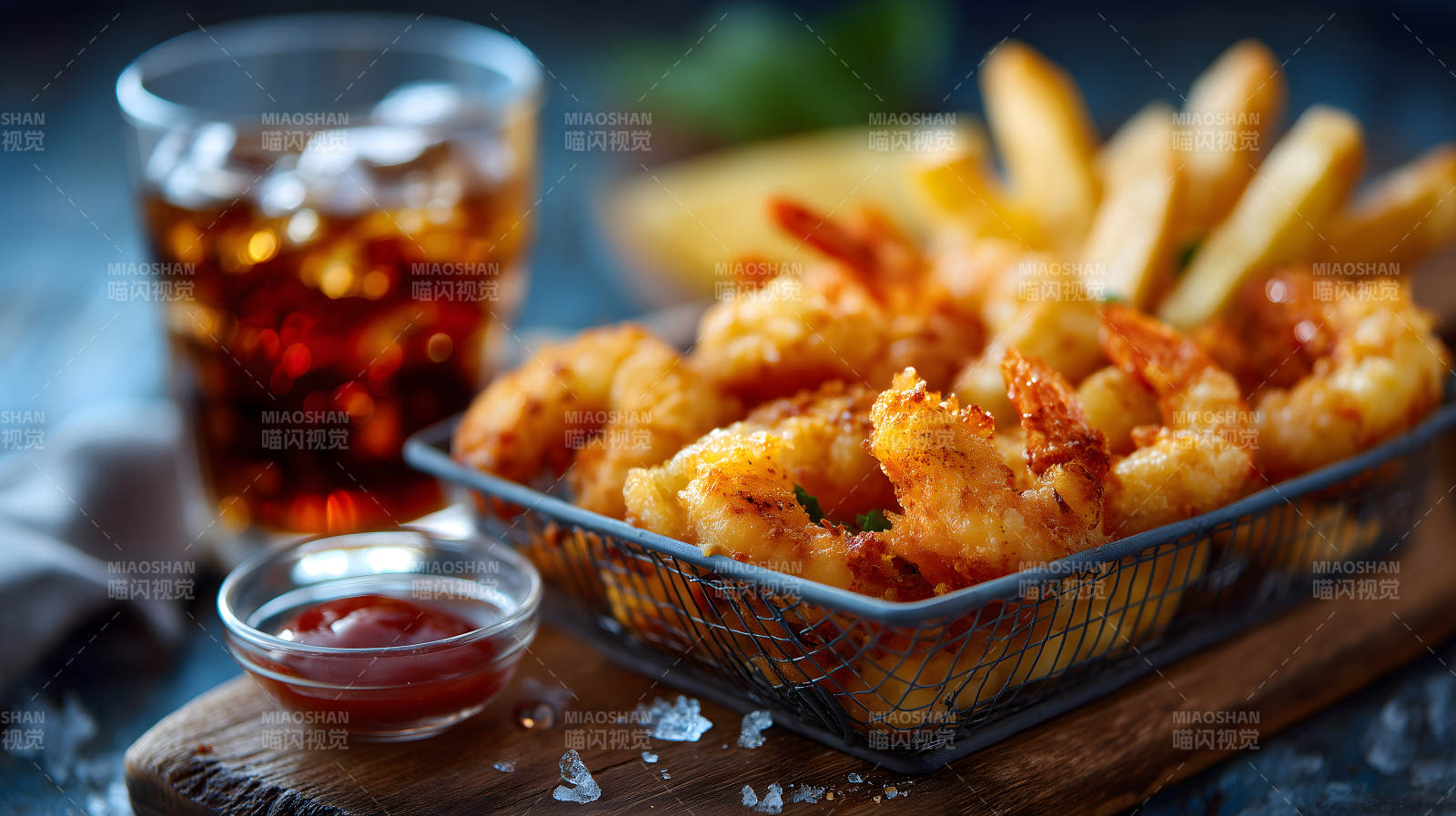 炸虾配薯条和饮料-图片