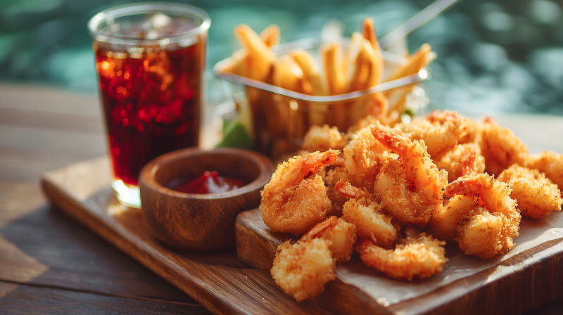 炸蝦薯條和飲料的美味組合-圖片