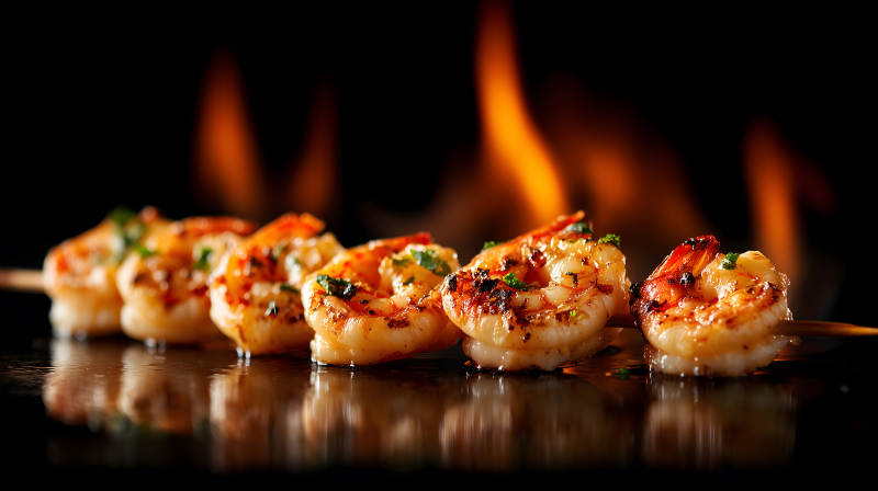 烤蝦串在火焰背景下的特寫-圖片