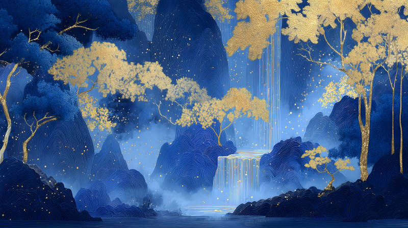 藍金色山水風景畫-圖片