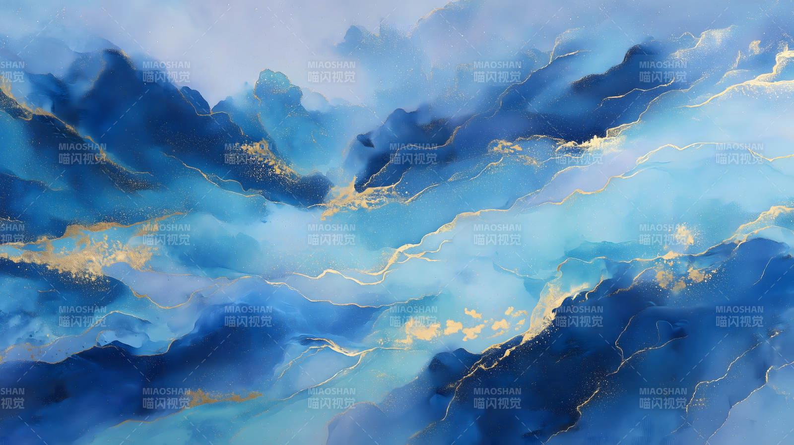 水墨藍金色抽象畫作-圖片