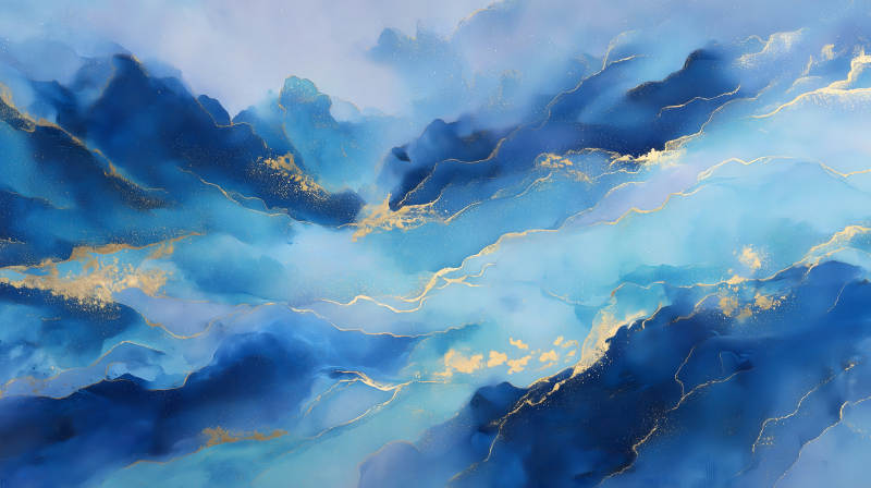 水墨藍金色抽象畫作-圖片