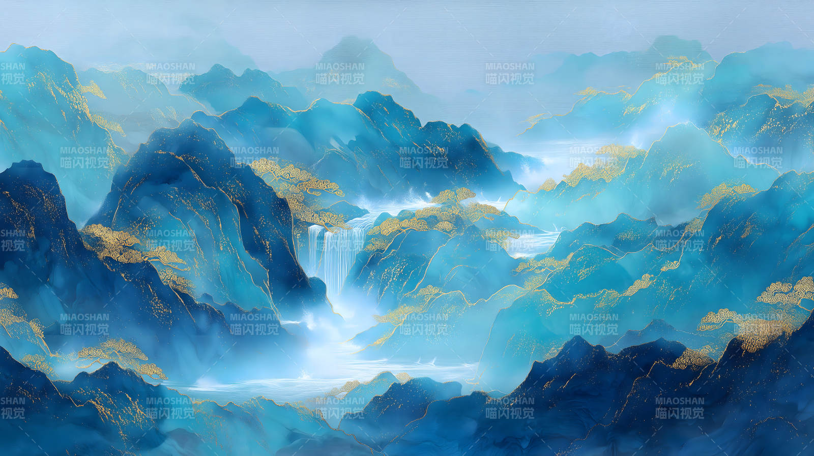 水墨山水畫(huà)藍(lán)金輝映意境悠遠(yuǎn)-圖片