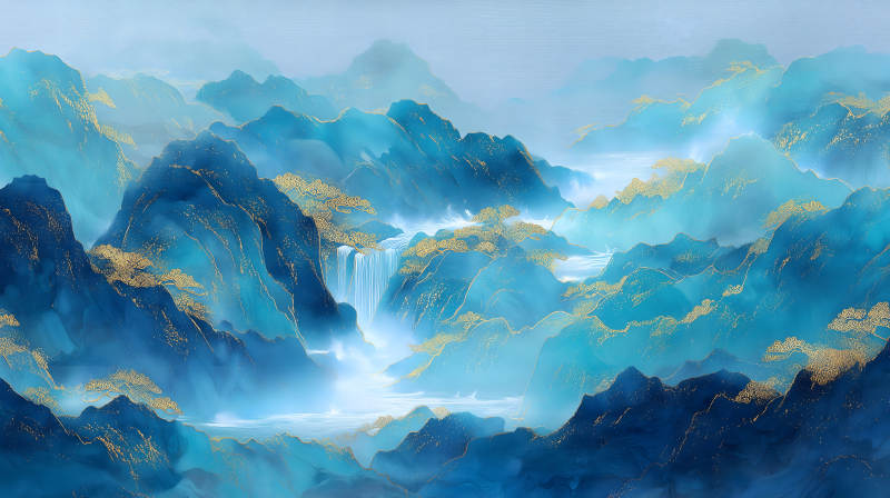 水墨山水畫藍金輝映意境悠遠-圖片