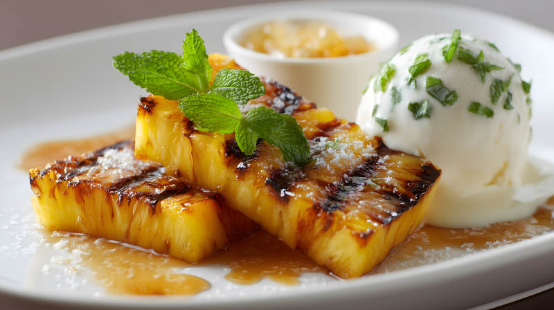 烤菠萝配冰淇淋与薄荷叶-图片