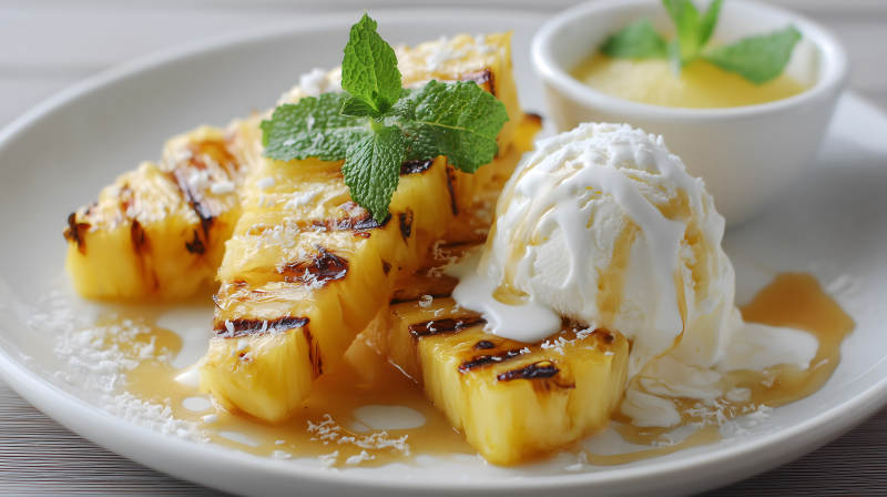 烤菠萝配冰淇淋甜品-图片