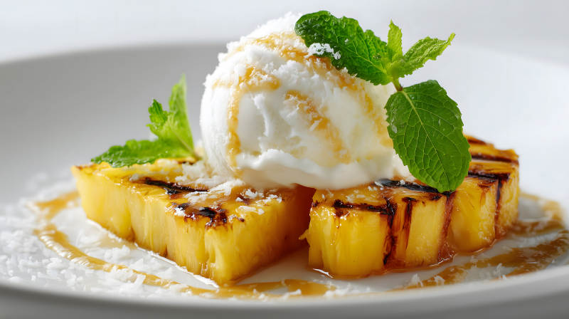烤菠萝配冰淇淋薄荷叶点缀-图片