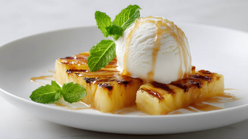 烤菠萝配冰淇淋的美味甜点-图片