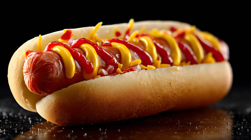 美味熱狗特寫鏡頭醬料豐富-圖片
