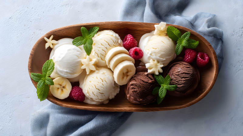 冰淇淋拼盘配水果和薄荷叶-图片