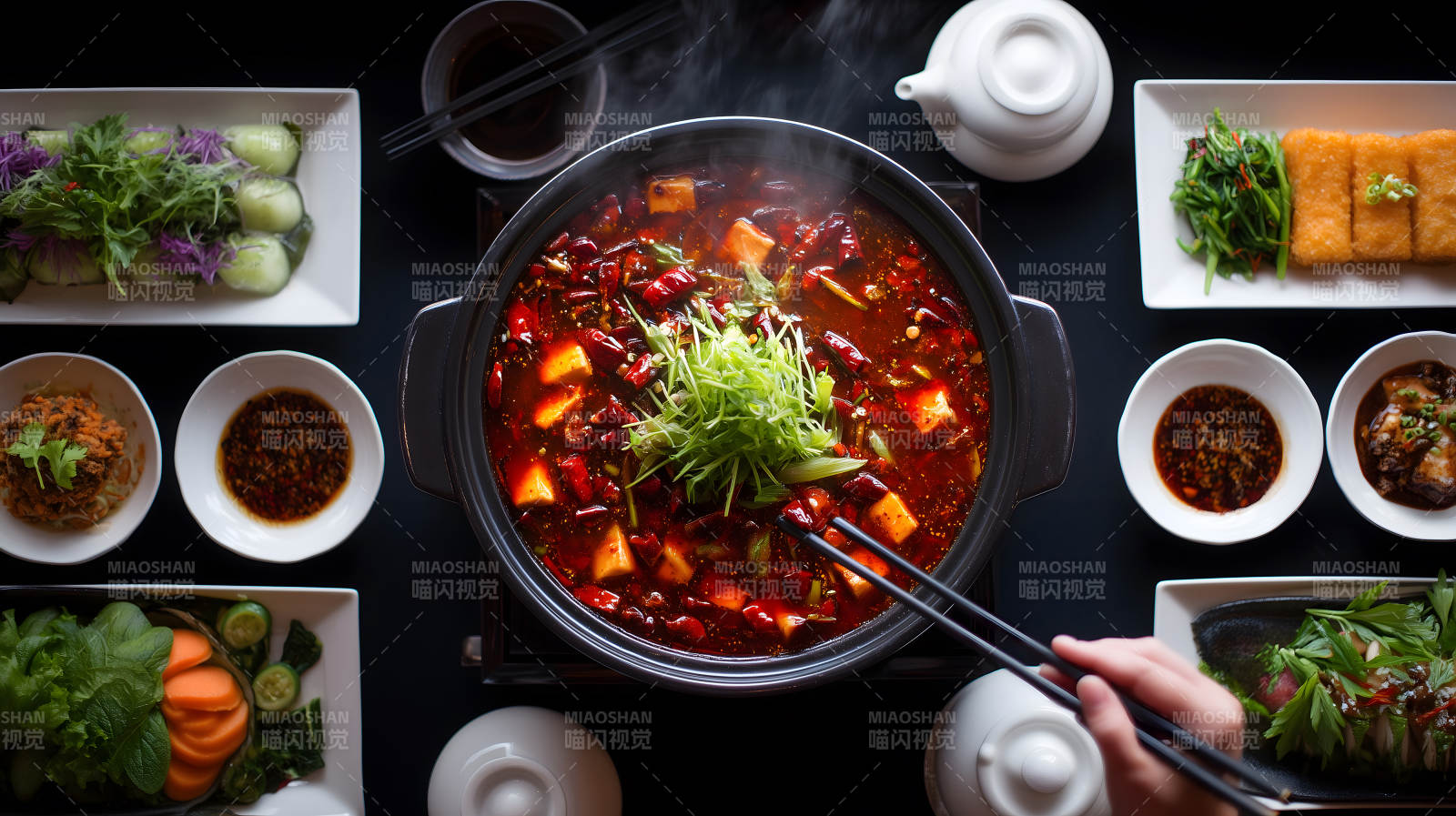 熱氣騰騰的麻辣火鍋配菜肴-圖片