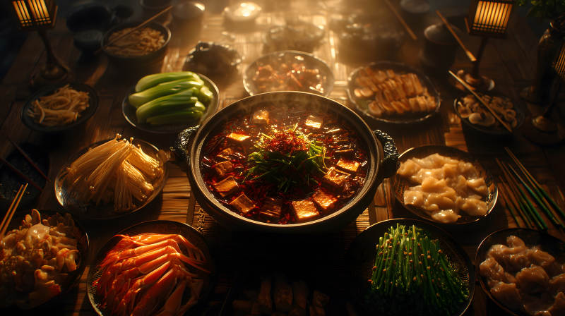 豐盛的火鍋盛宴美味佳肴擺滿桌面-圖片