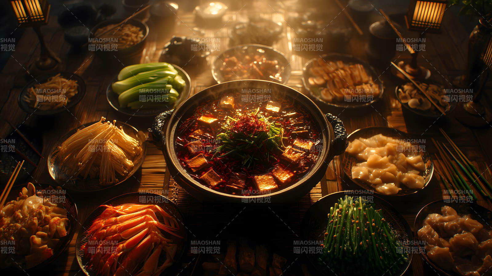 豐盛的火鍋盛宴美味佳肴擺滿桌面-圖片
