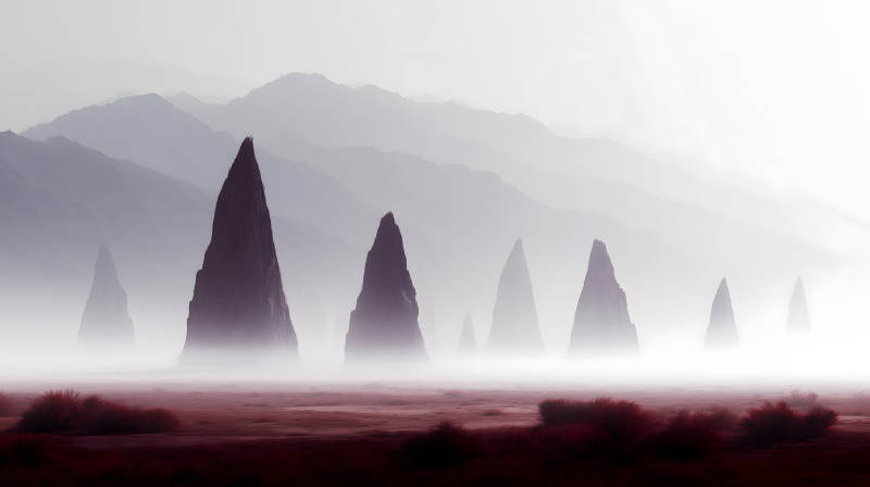 霧中巨石聳立山景-圖片