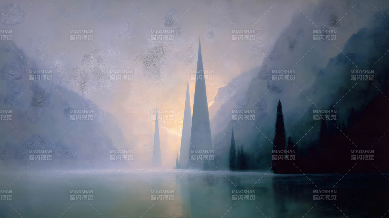 山水之間尖塔聳立云霧繚繞-圖片