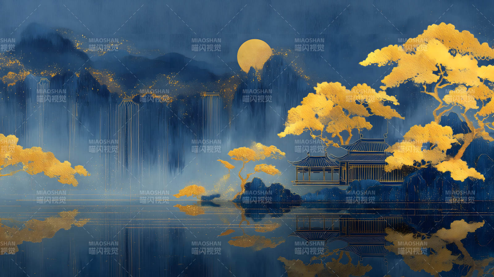 山水樓閣映月夜色下的東方韻味-圖片