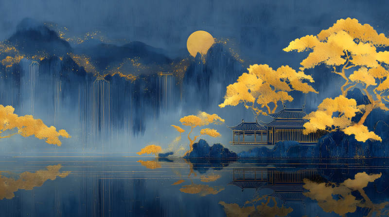 山水樓閣映月夜色下的東方韻味-圖片