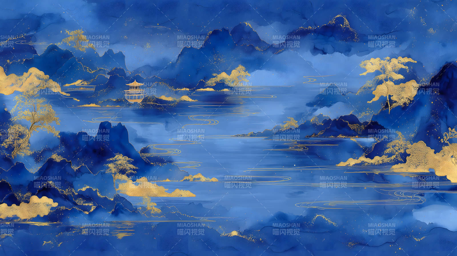 水墨山水金碧辉煌意境-图片