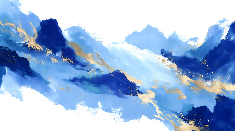 藍色抽象畫金色點綴唯美意境-圖片