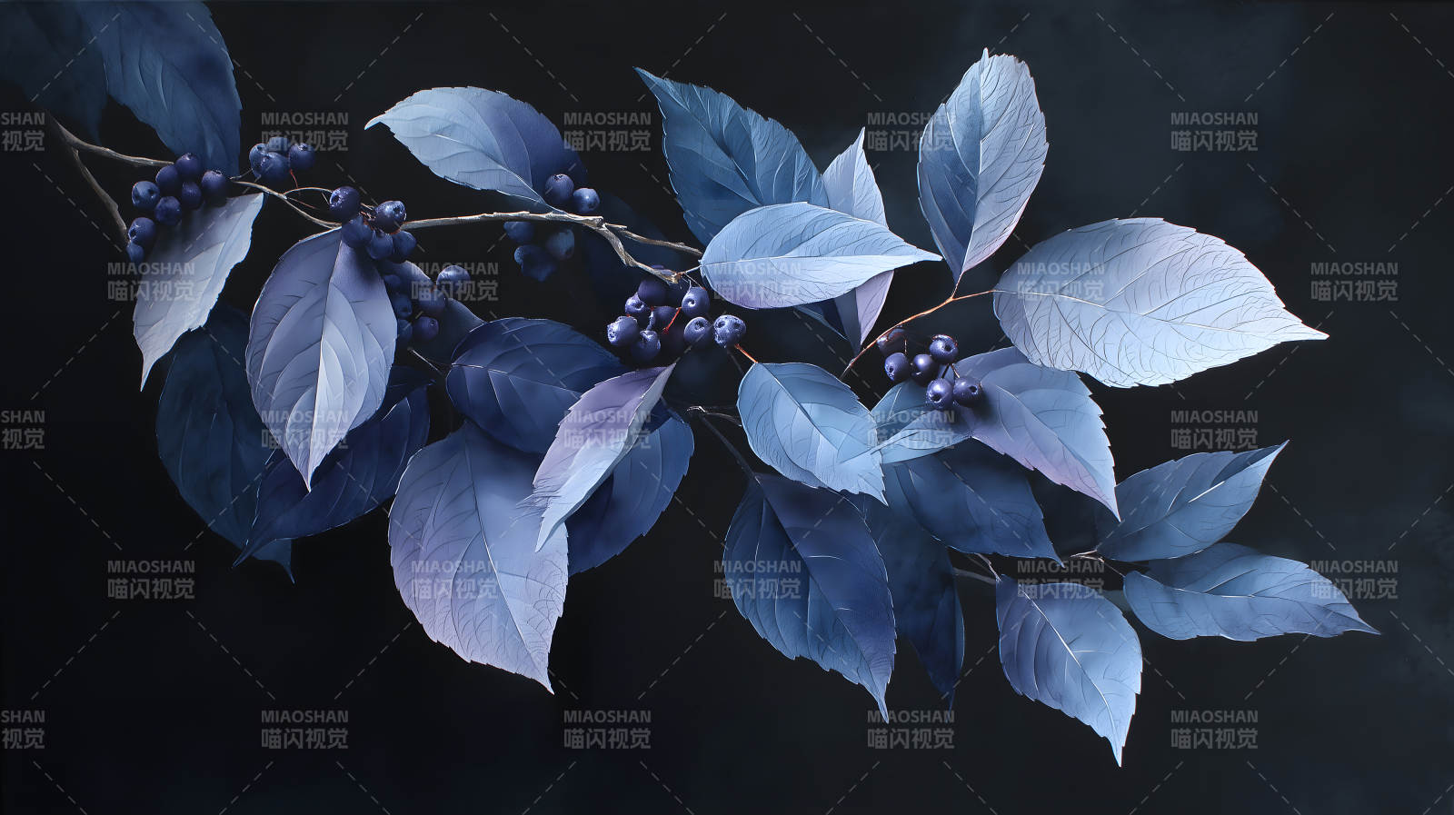 蓝莓叶子艺术画作唯美风格-图片