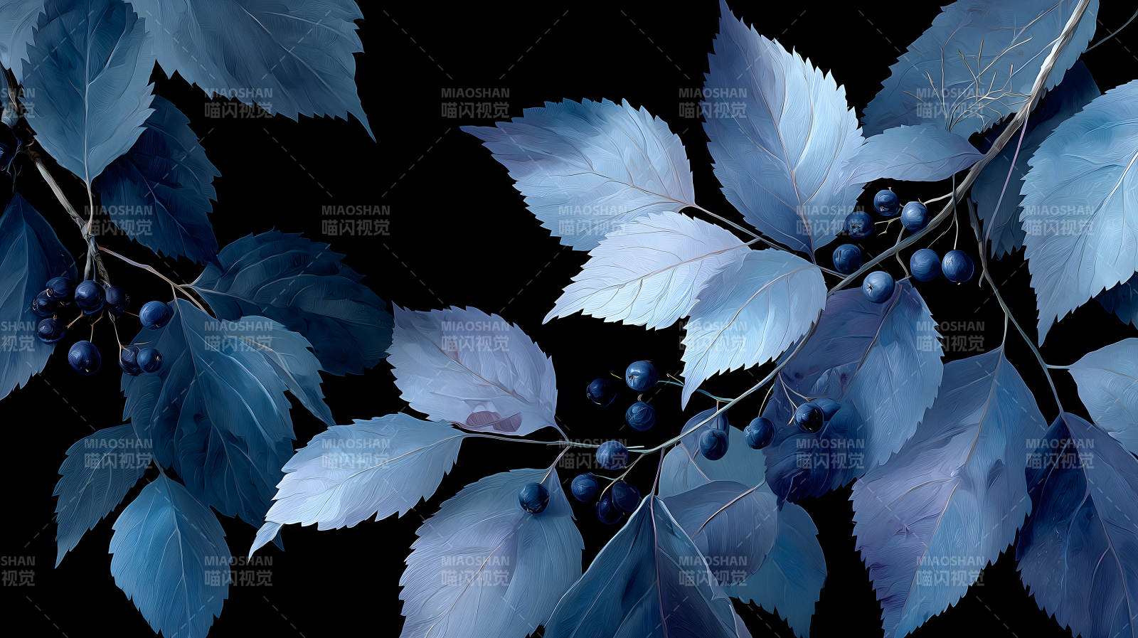 蓝色植物叶子与果实黑夜背景-图片