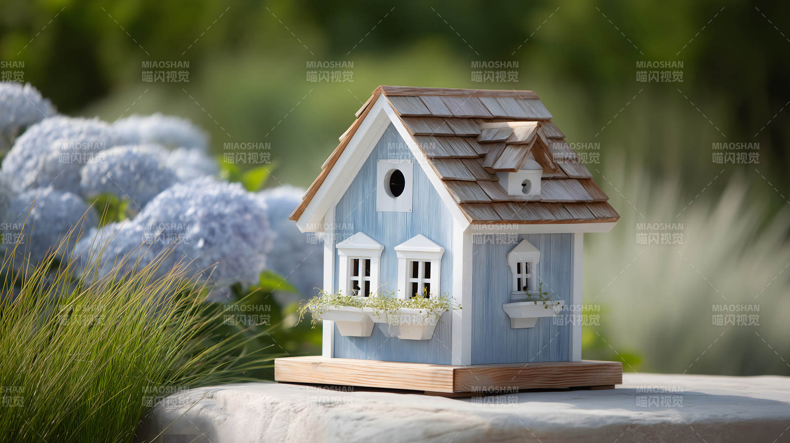 蓝色的鸟屋花园背景-图片