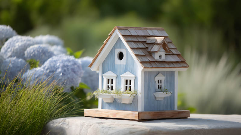 蓝色的鸟屋花园背景-图片