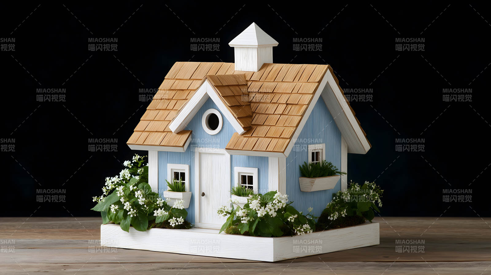 蓝色的鸟屋搭配鲜花在木桌上-图片