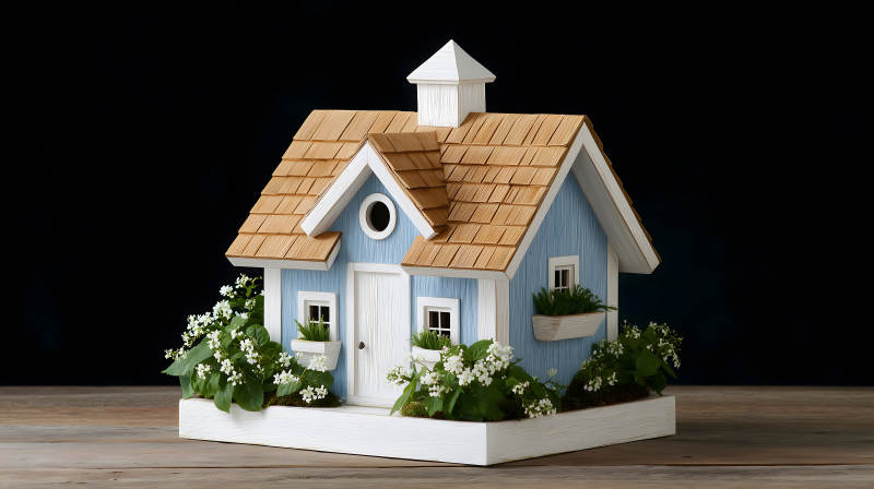 蓝色的鸟屋搭配鲜花在木桌上-图片