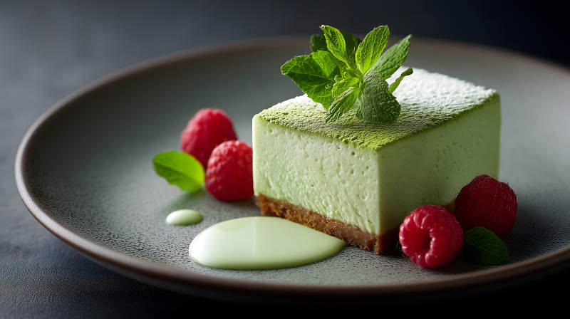 抹茶芝士蛋糕配覆盆子和薄荷-图片