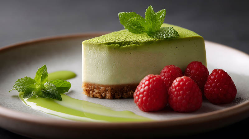抹茶芝士蛋糕與覆盆子-圖片