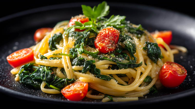 意面配菠菜和番茄美味可口-圖片