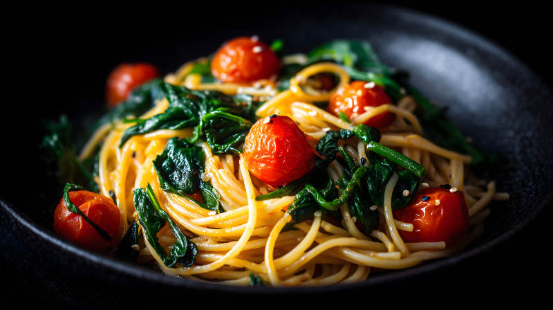 意大利面配櫻桃番茄和菠菜-圖片