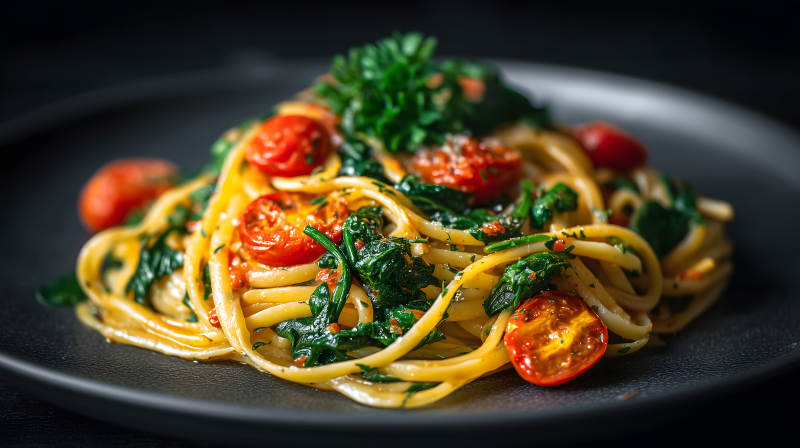 美味的意大利面配番茄和菠菜-圖片