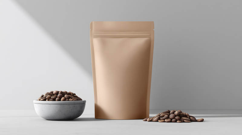 咖啡豆與包裝袋的靜物-圖片